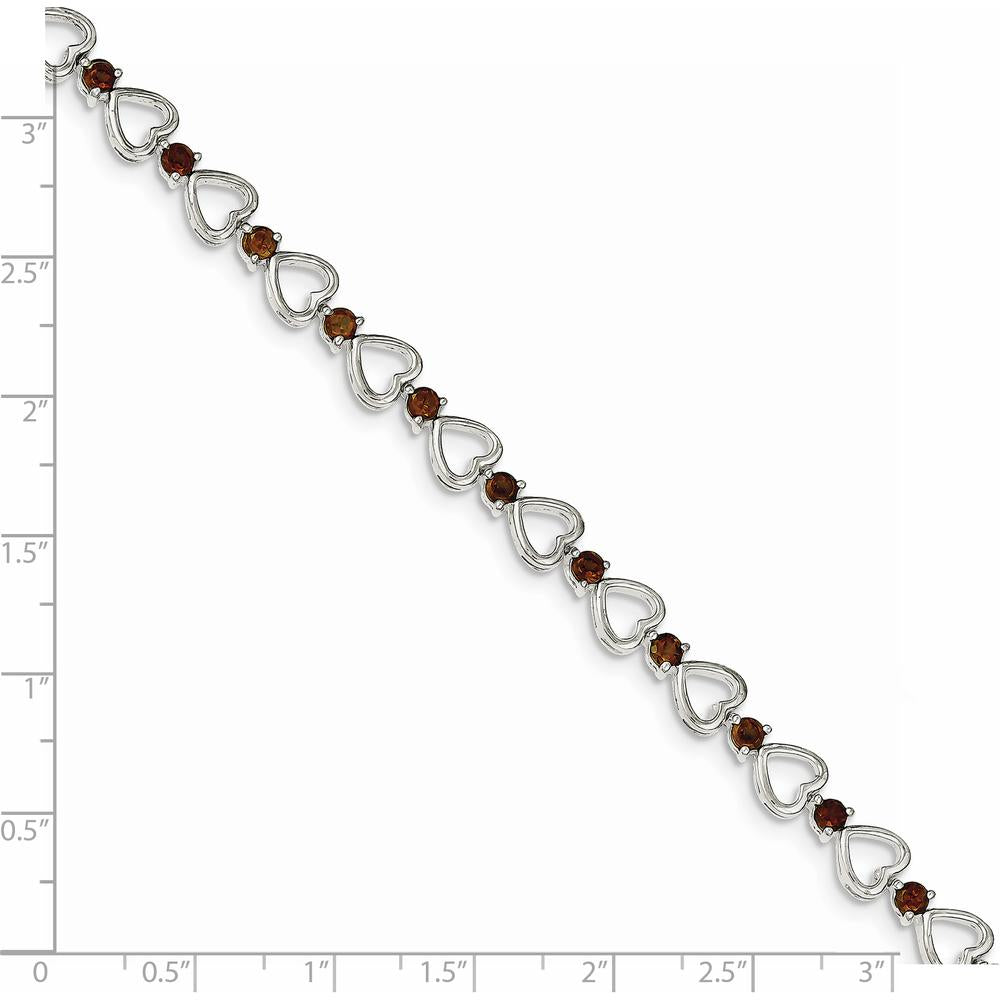 Sterling Silver Rhodium-Plated Heart Bracelet with Natural Garnets - 7 Inches Length by Lumare Gioia