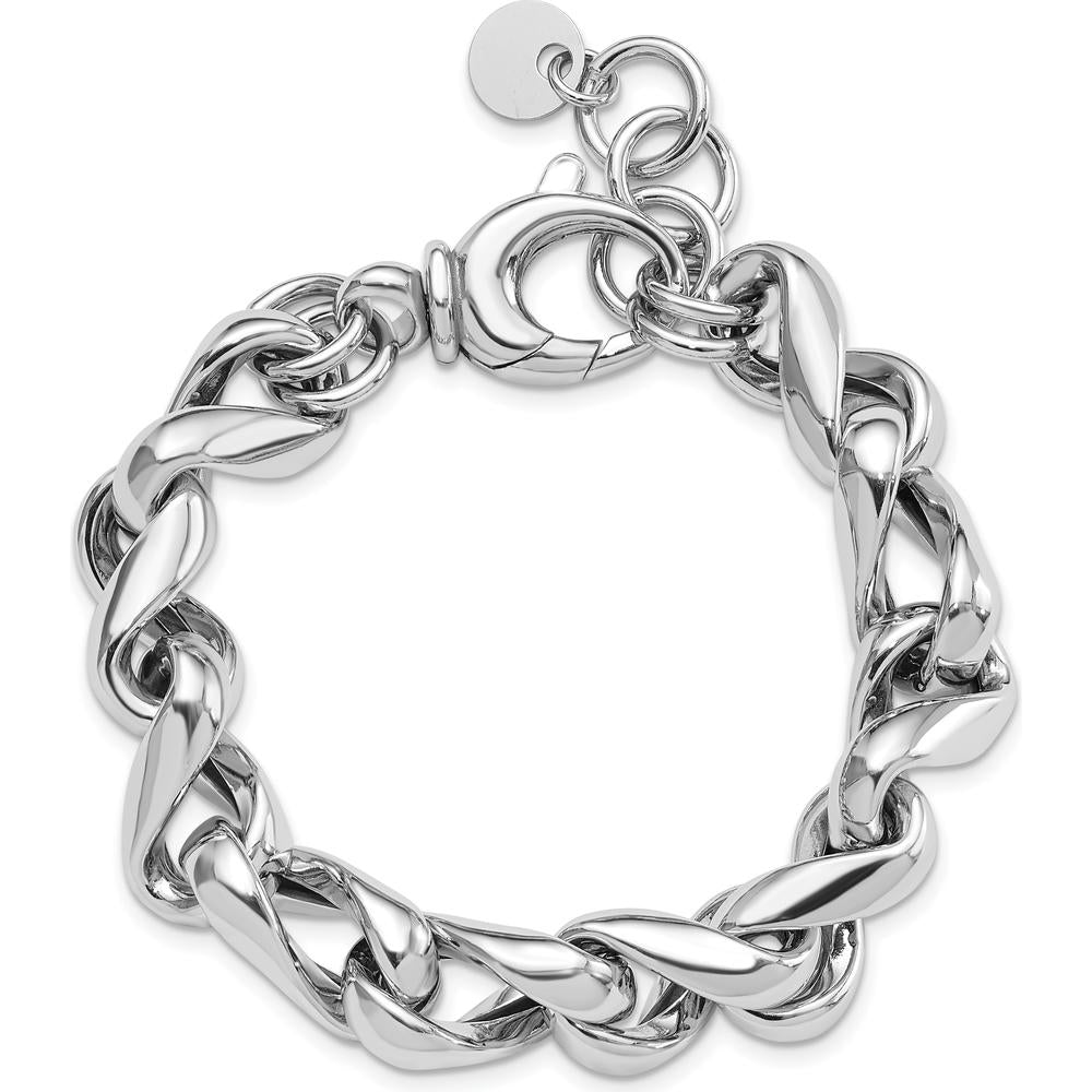 Sterling Silver Rhodium-Plated Hollow Link 7.5in Bracelet with 0.5in Extender - Polished Silver Tone by Lumare Gioia