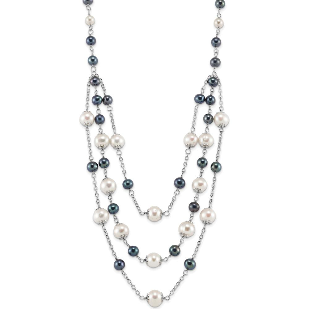 Sterling Silver Rhodium-Plated Layered Freshwater Pearl Necklace - 49 Semi-Round Pearls (6-10mm) by Monteluci Fine Jewelry