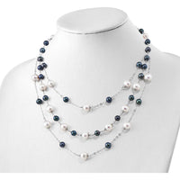 Sterling Silver Rhodium-Plated Layered Freshwater Pearl Necklace - 49 Semi-Round Pearls (6-10mm) by Monteluci Fine Jewelry