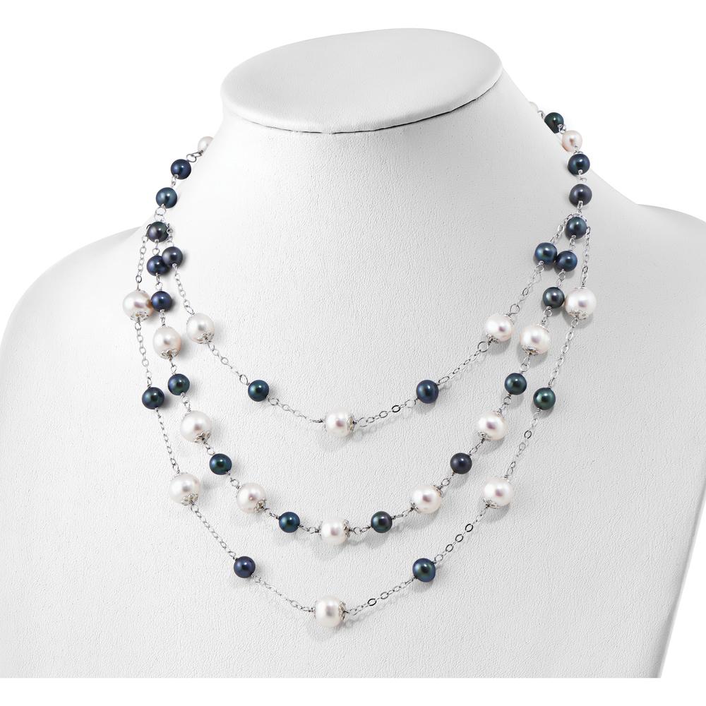 Sterling Silver Rhodium-Plated Layered Freshwater Pearl Necklace - 49 Semi-Round Pearls (6-10mm) by Monteluci Fine Jewelry