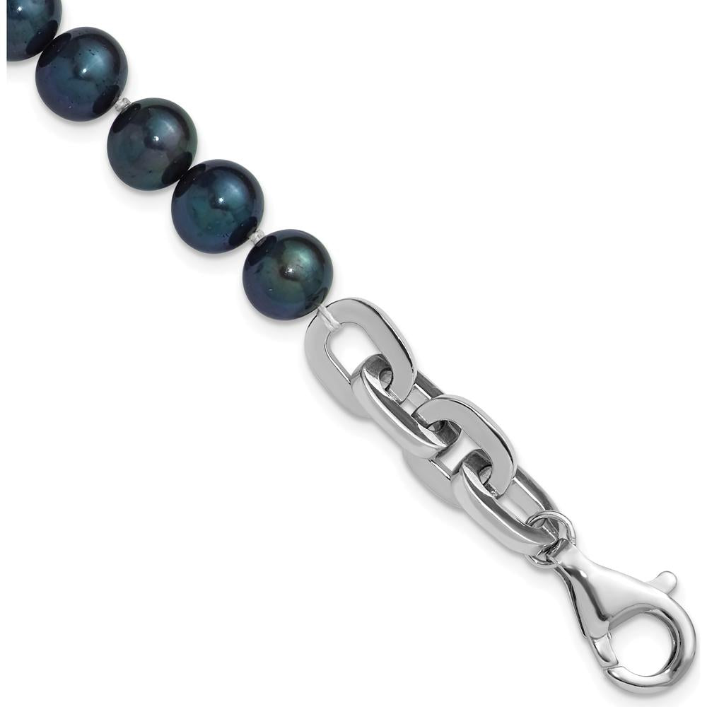 Sterling Silver Rhodium-Plated Link Bracelet with 7-8mm Round Black Freshwater Cultured Pearls by Monteluci Fine Jewelry
