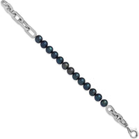 Sterling Silver Rhodium-Plated Link Bracelet with 7-8mm Round Black Freshwater Cultured Pearls by Monteluci Fine Jewelry