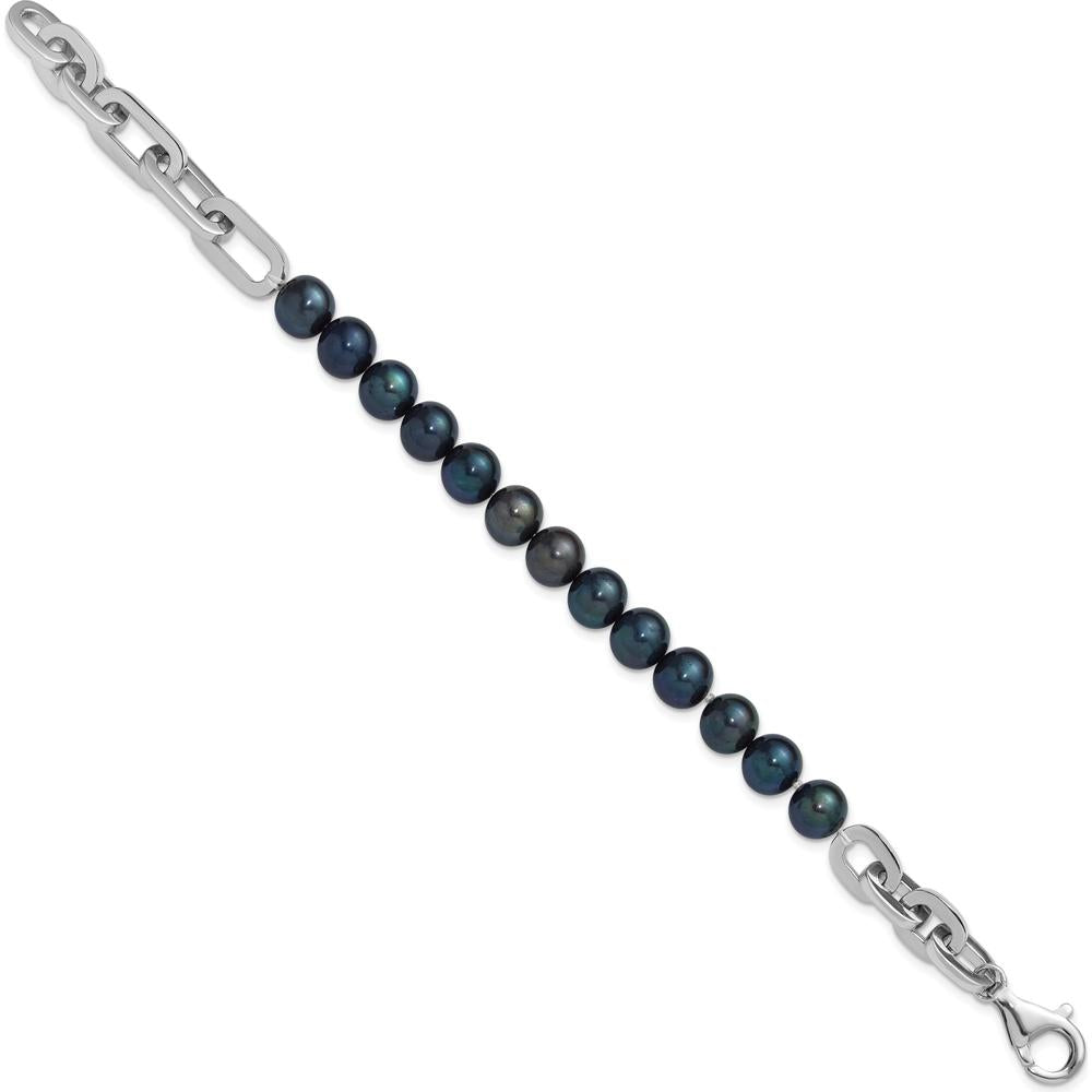 Sterling Silver Rhodium-Plated Link Bracelet with 7-8mm Round Black Freshwater Cultured Pearls by Monteluci Fine Jewelry