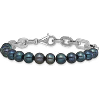 Sterling Silver Rhodium-Plated Link Bracelet with 7-8mm Round Black Freshwater Cultured Pearls by Monteluci Fine Jewelry