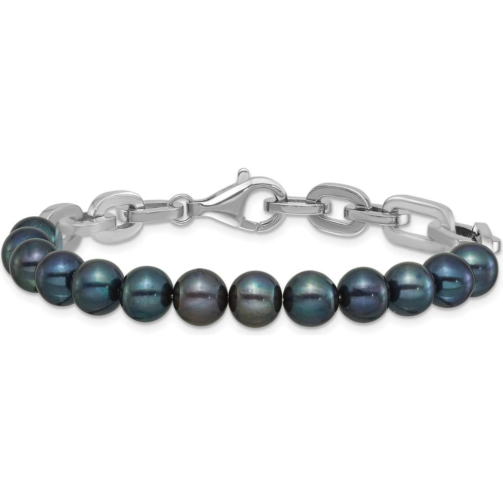 Sterling Silver Rhodium-Plated Link Bracelet with 7-8mm Round Black Freshwater Cultured Pearls by Monteluci Fine Jewelry