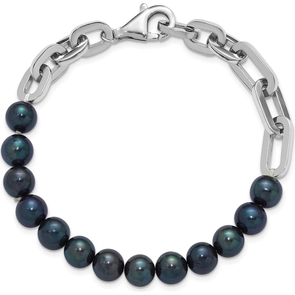 Sterling Silver Rhodium-Plated Link Bracelet with 7-8mm Round Black Freshwater Cultured Pearls by Monteluci Fine Jewelry