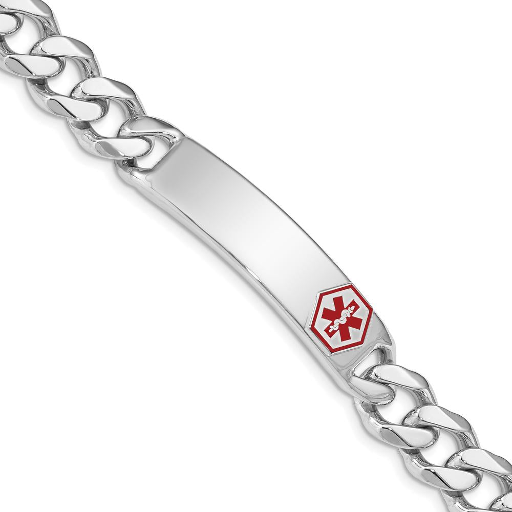Sterling Silver Rhodium-plated Medical ID Curb Link Bracelet with Red Enamel Detail by Lumare Gioia