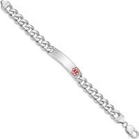 Sterling Silver Rhodium-plated Medical ID Curb Link Bracelet with Red Enamel Detail by Lumare Gioia