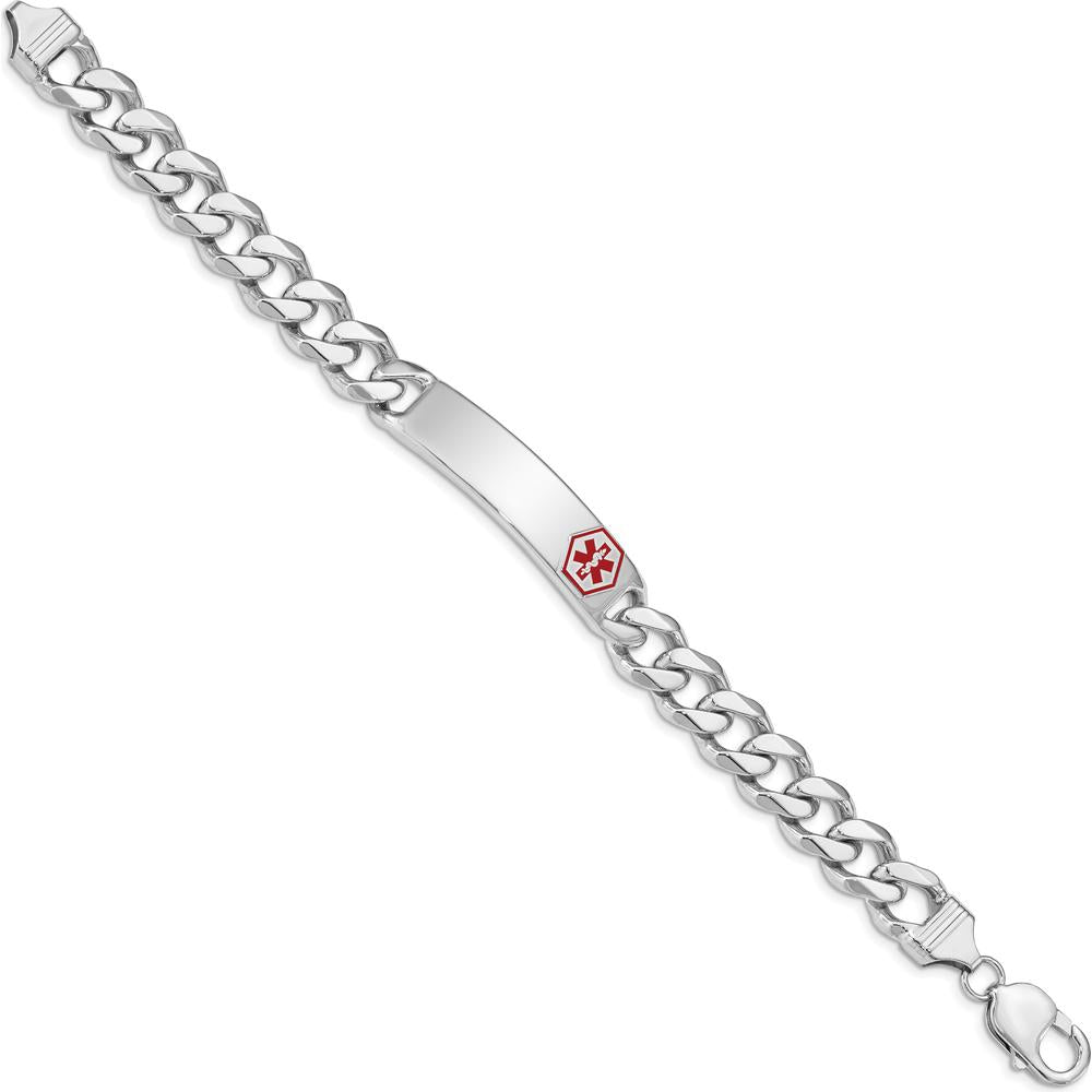 Sterling Silver Rhodium-plated Medical ID Curb Link Bracelet with Red Enamel Detail by Lumare Gioia