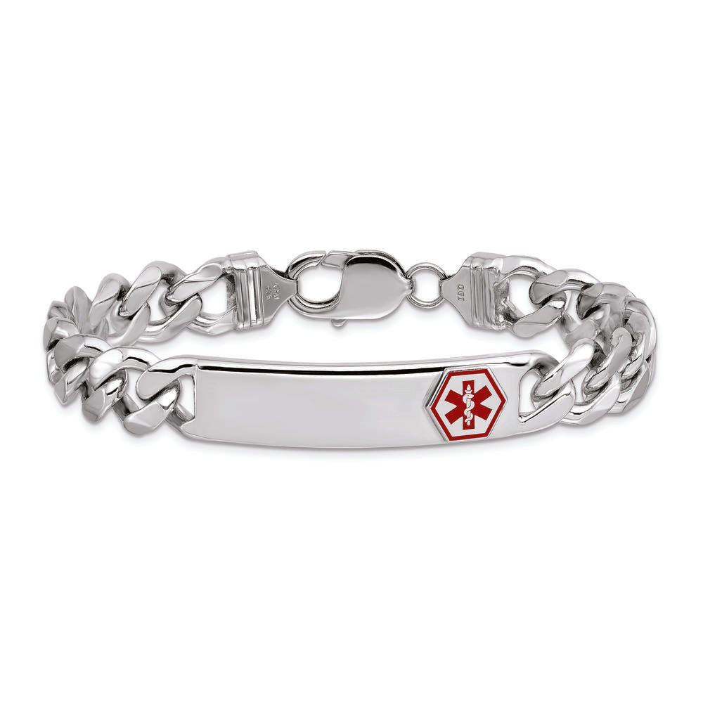 Sterling Silver Rhodium-plated Medical ID Curb Link Bracelet with Red Enamel Detail by Lumare Gioia