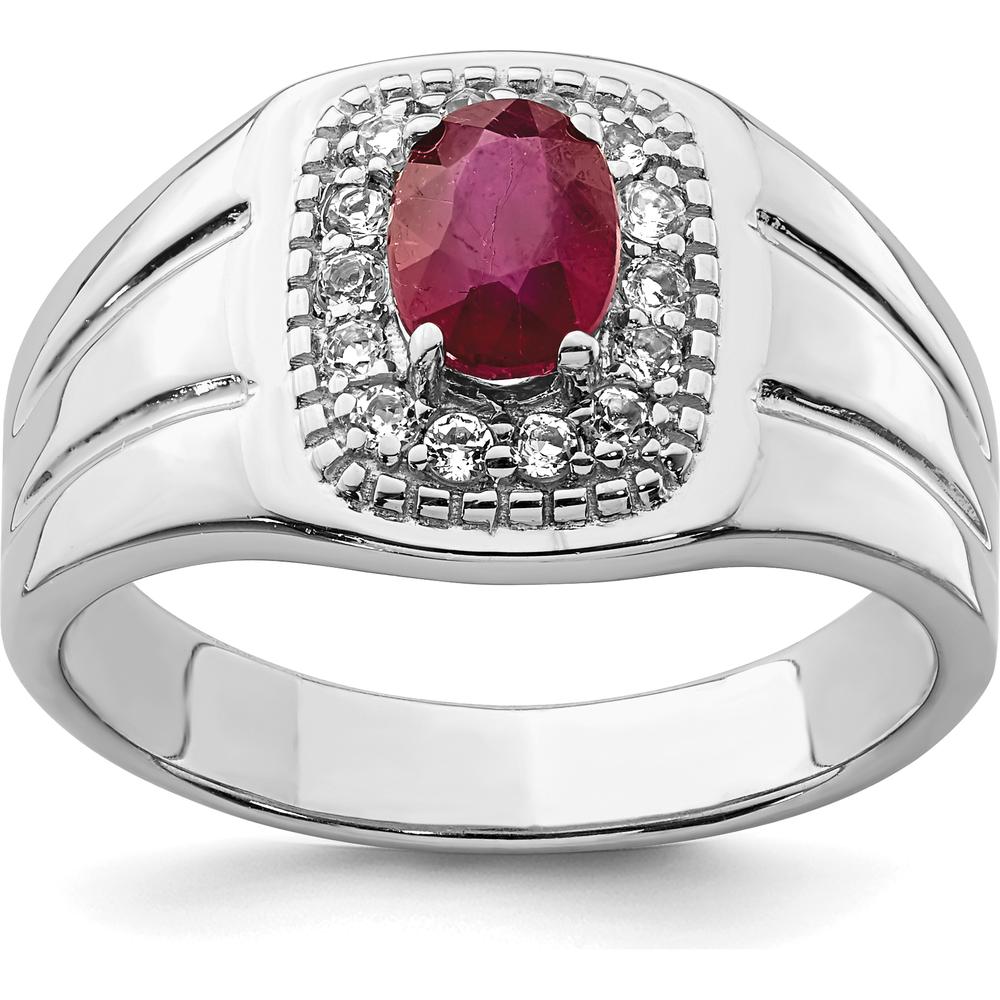 Sterling Silver Rhodium-Plated Men's Ring with Oval African Ruby and White Topaz Halo - 1.37 Carat Total Gem Weight by Lumare Gioia