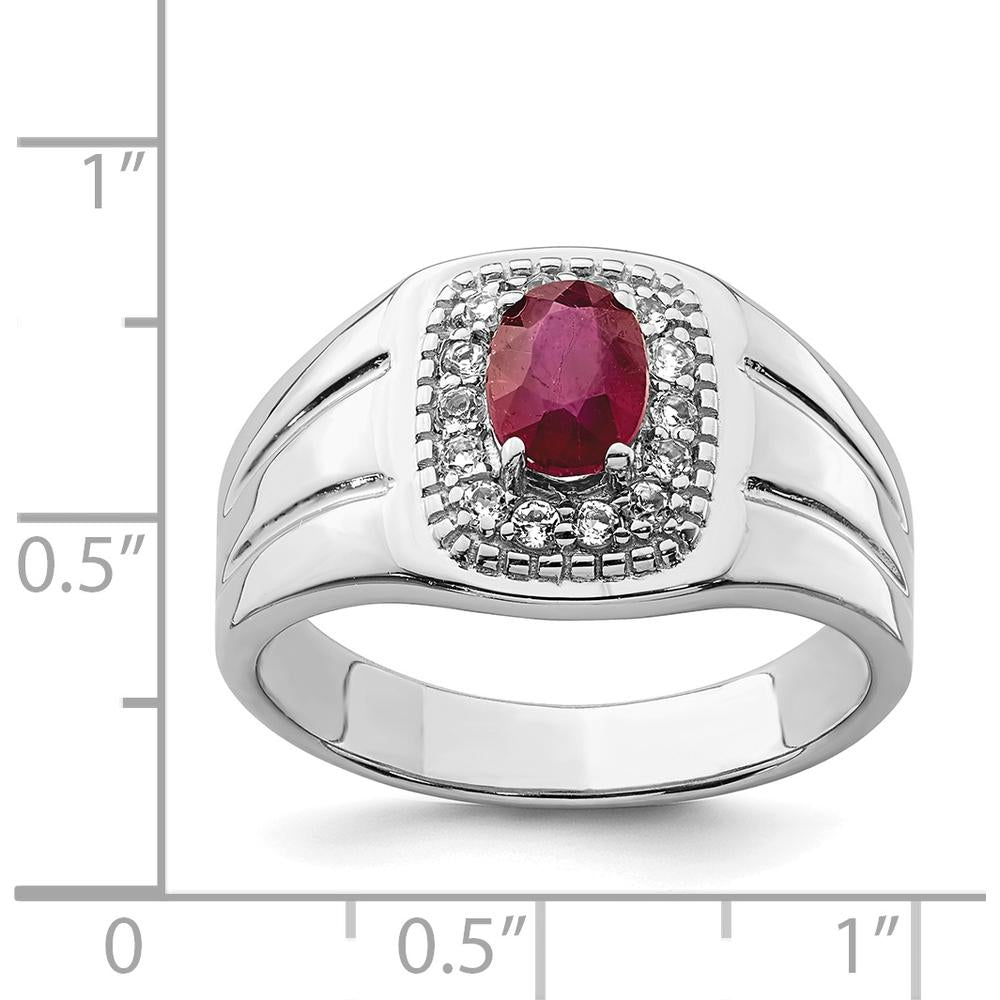Sterling Silver Rhodium-Plated Men's Ring with Oval African Ruby and White Topaz Halo - 1.37 Carat Total Gem Weight by Lumare Gioia