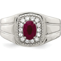 Sterling Silver Rhodium-Plated Men's Ring with Oval African Ruby and White Topaz Halo - 1.37 Carat Total Gem Weight by Lumare Gioia