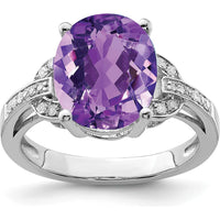 Sterling Silver Rhodium-Plated Oval Amethyst & Diamond Ring - 4.10 Carat Amethyst, 0.10 Carat Total Diamond Weight by Lumare Gioia