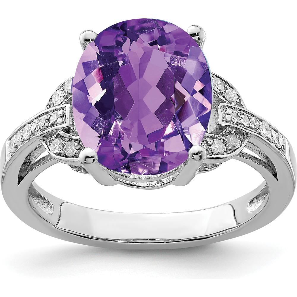 Sterling Silver Rhodium-Plated Oval Amethyst & Diamond Ring - 4.10 Carat Amethyst, 0.10 Carat Total Diamond Weight by Lumare Gioia