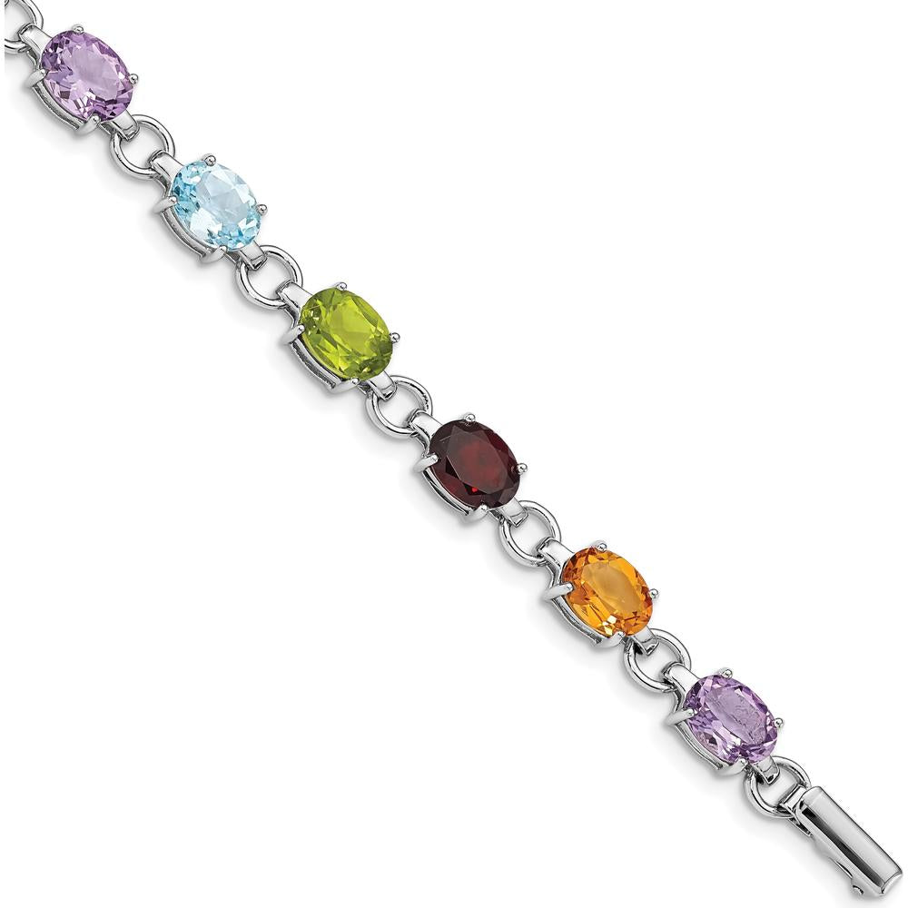 Sterling Silver Rhodium-Plated Oval Multi-Gemstone Bracelet with Amethyst, Garnet, Sky Blue Topaz, Peridot, and Citrine - 13.95 Carat Total Gemstone Weight by Lumare Gioia