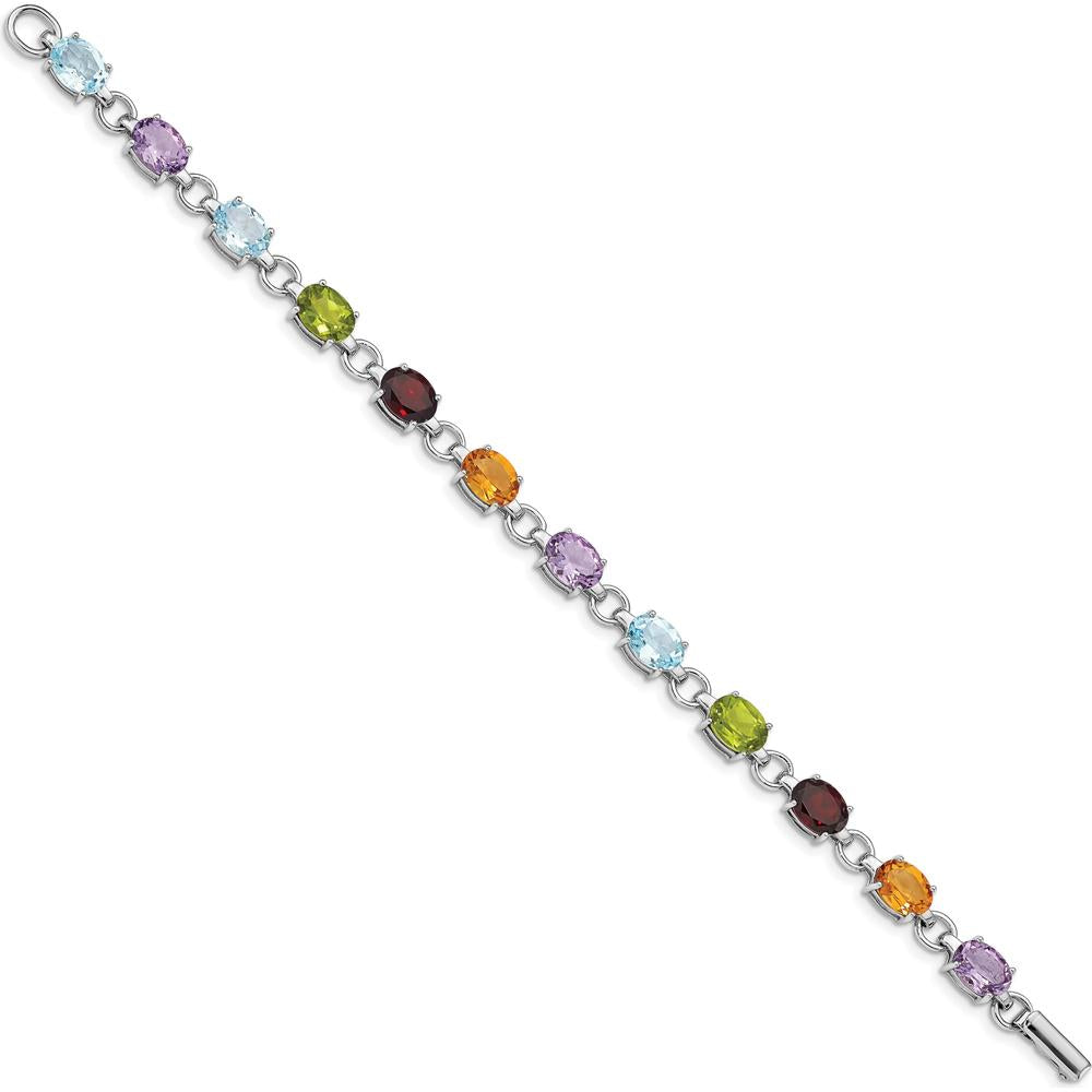 Sterling Silver Rhodium-Plated Oval Multi-Gemstone Bracelet with Amethyst, Garnet, Sky Blue Topaz, Peridot, and Citrine - 13.95 Carat Total Gemstone Weight by Lumare Gioia