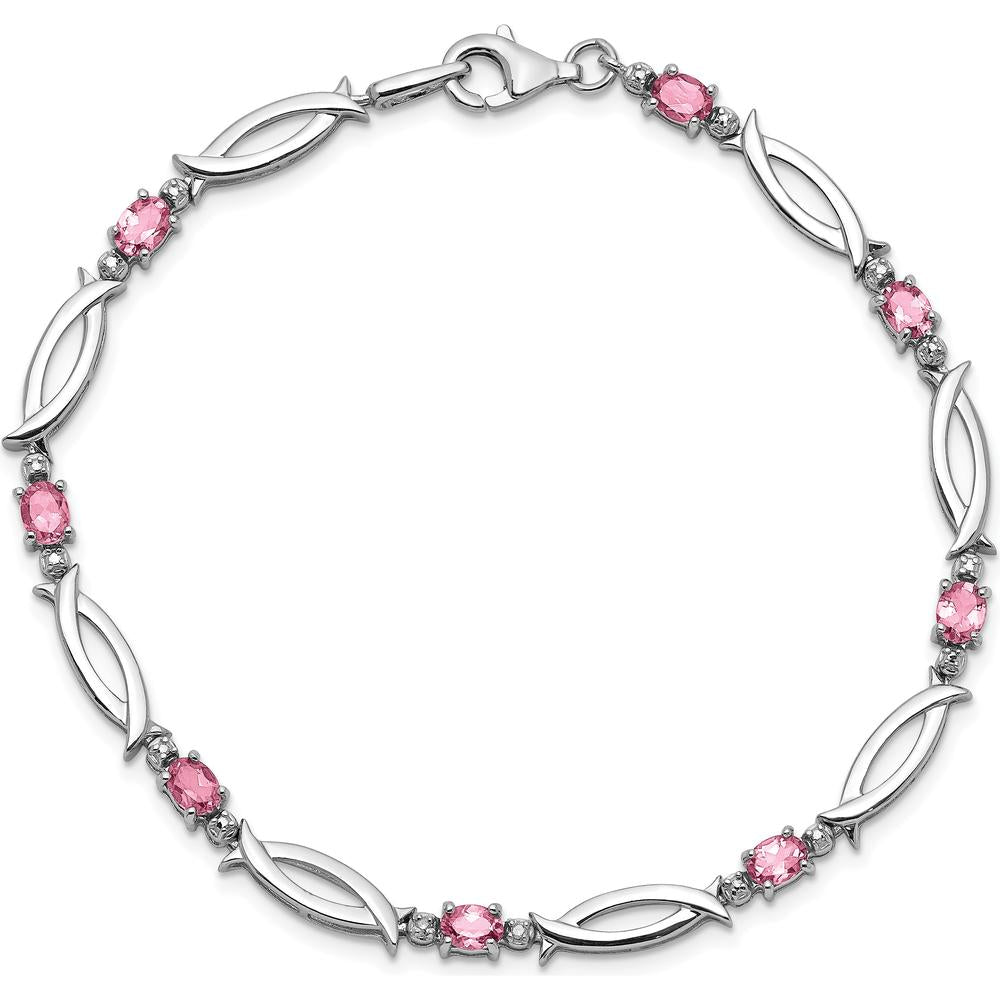 Sterling Silver Rhodium-Plated Pink Tourmaline and Diamond Bracelet with 0.18 Carat Pink Tourmaline and 0.01 Carat Total Diamond Weight by 0