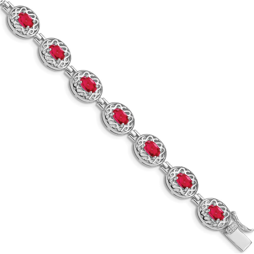Sterling Silver Rhodium-Plated Ruby Bracelet with Milgrain Detail - 8.4 Carat Total Ruby Weight by Lumare Gioia