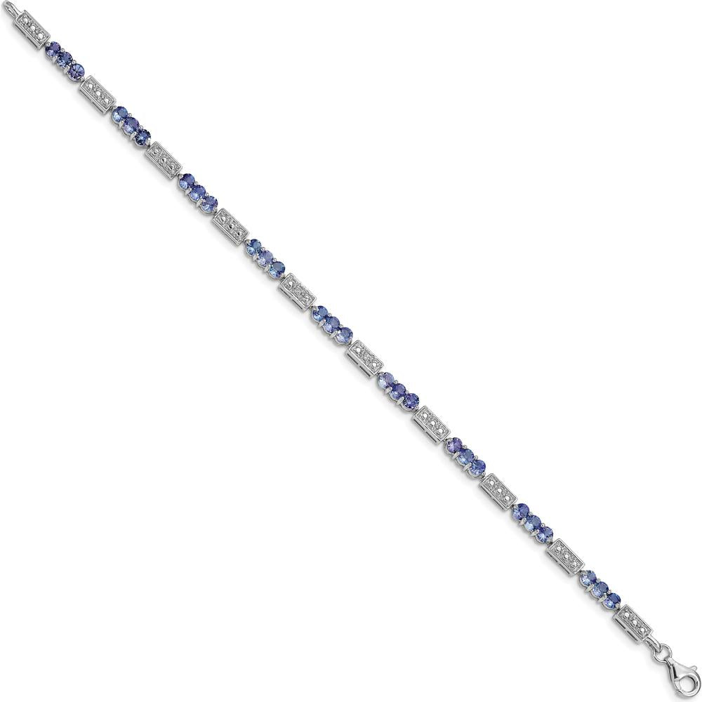 Sterling Silver Rhodium-Plated Tanzanite and Diamond Bracelet with 27 Round Tanzanite Stones and 2 Round Diamonds - 0.12 Carat Total Gem Weight by 0