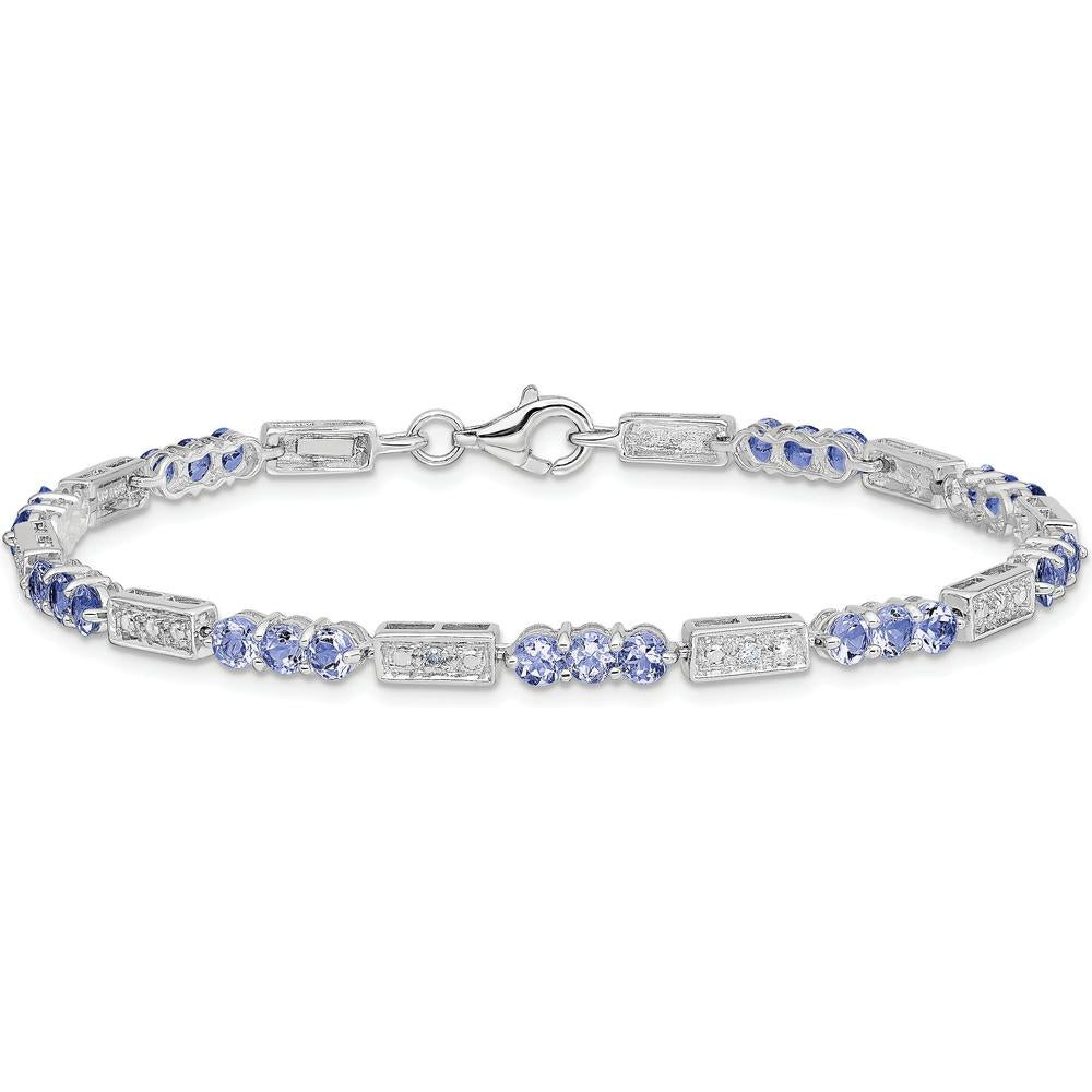 Sterling Silver Rhodium-Plated Tanzanite and Diamond Bracelet with 27 Round Tanzanite Stones and 2 Round Diamonds - 0.12 Carat Total Gem Weight by 0