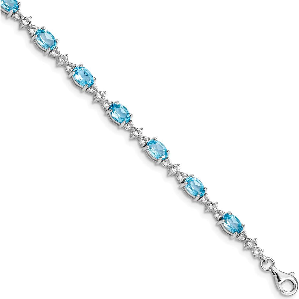 Sterling Silver Rhodium-Plated Tennis Bracelet with Oval Swiss Blue Topaz & Round White Topaz - 0.61 Carat Total Gem Weight by Monteluci Fine Jewelry