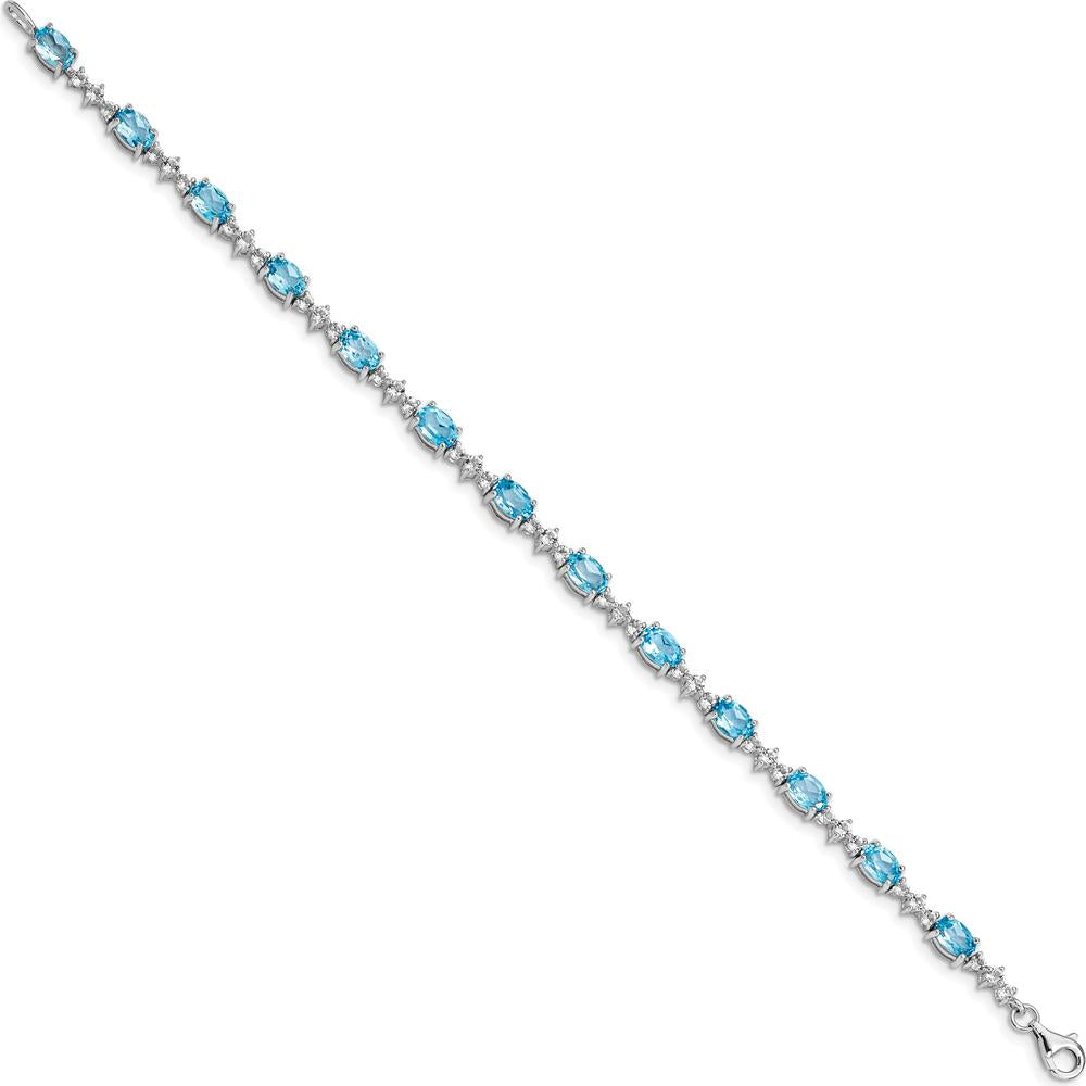 Sterling Silver Rhodium-Plated Tennis Bracelet with Oval Swiss Blue Topaz & Round White Topaz - 0.61 Carat Total Gem Weight by Monteluci Fine Jewelry