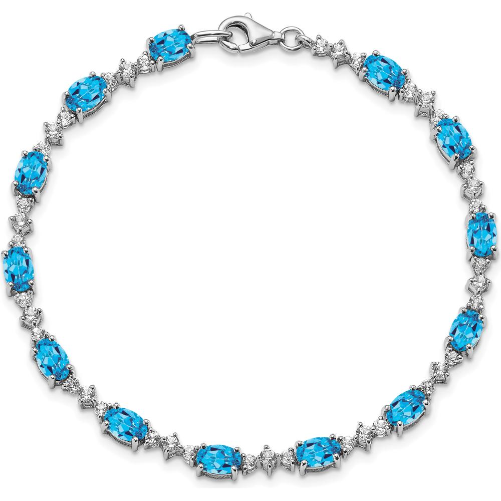 Sterling Silver Rhodium-Plated Tennis Bracelet with Oval Swiss Blue Topaz & Round White Topaz - 0.61 Carat Total Gem Weight by Monteluci Fine Jewelry