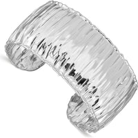 Sterling Silver Rhodium-Plated Textured Cuff Bangle with Polished Finish - 31.5mm Width by Lumare Gioia