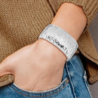 Sterling Silver Rhodium-Plated Textured Cuff Bangle with Polished Finish - 31.5mm Width by Lumare Gioia