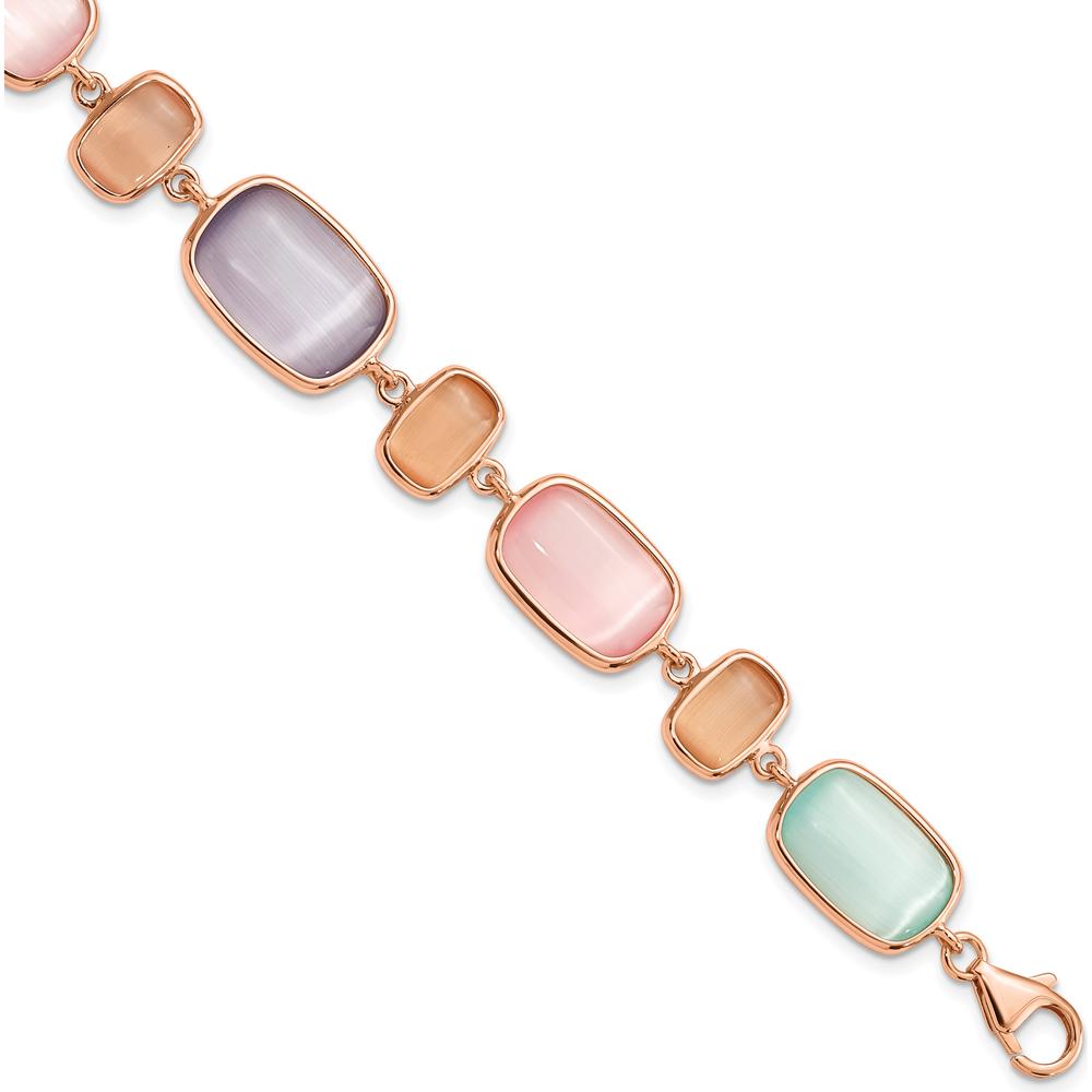 Sterling Silver Rose-Tone Bracelet with Bezel Set Lab-Created Cat's Eye Gemstones by Lumare Gioia