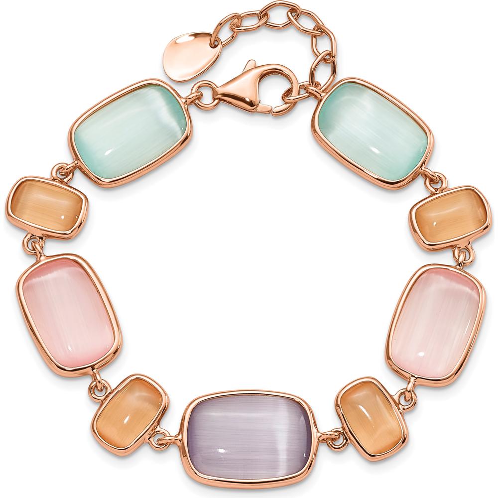 Sterling Silver Rose-Tone Bracelet with Bezel Set Lab-Created Cat's Eye Gemstones by Lumare Gioia