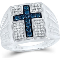 Sterling Silver Round Blue Diamond Cross Religious Ring - 1/2 Carat Total Diamond Weight