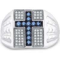 Sterling Silver Round Blue Diamond Cross Religious Ring - 1/2 Carat Total Diamond Weight
