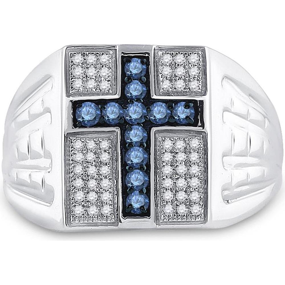 Sterling Silver Round Blue Diamond Cross Religious Ring - 1/2 Carat Total Diamond Weight
