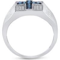 Sterling Silver Round Blue Diamond Cross Religious Ring - 1/2 Carat Total Diamond Weight