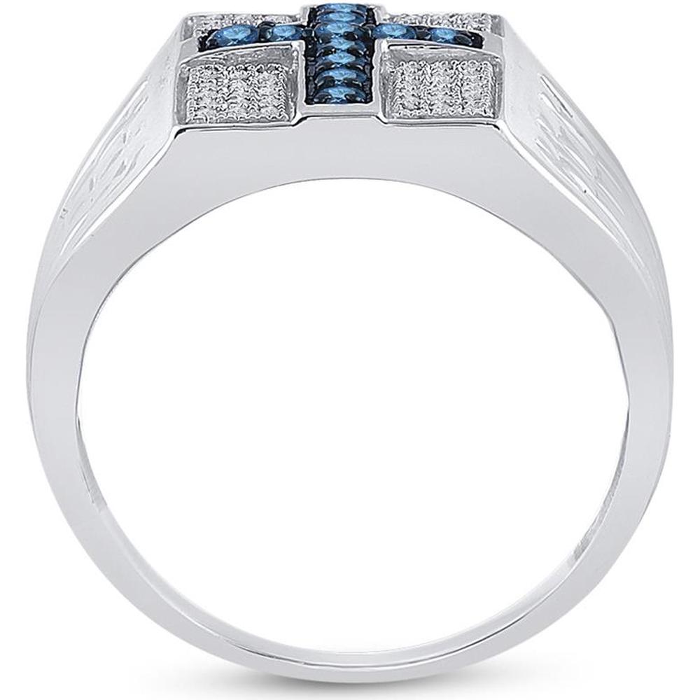 Sterling Silver Round Blue Diamond Cross Religious Ring - 1/2 Carat Total Diamond Weight