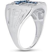 Sterling Silver Round Blue Diamond Cross Religious Ring - 1/2 Carat Total Diamond Weight