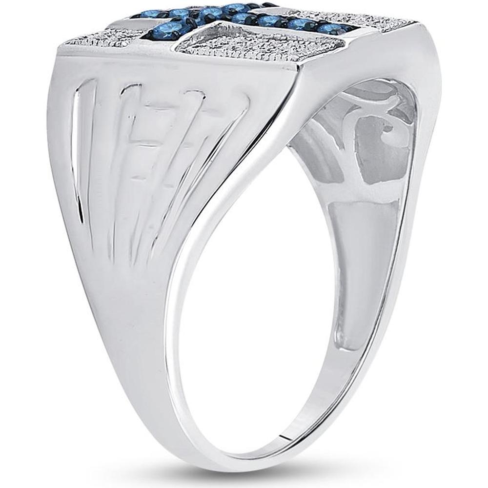 Sterling Silver Round Blue Diamond Cross Religious Ring - 1/2 Carat Total Diamond Weight