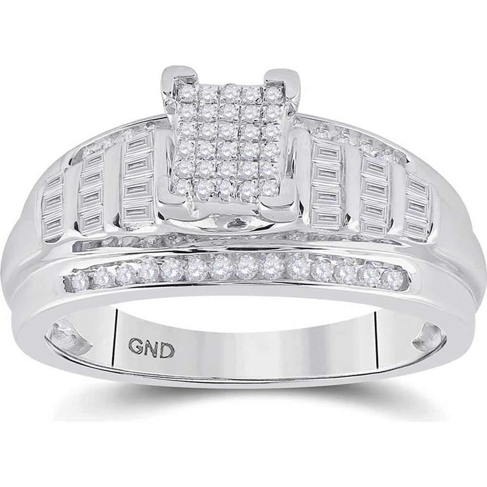 Sterling Silver Round Diamond Cluster Engagement Ring with Baguette Accents - 3/8 Carat Total Diamond Weight