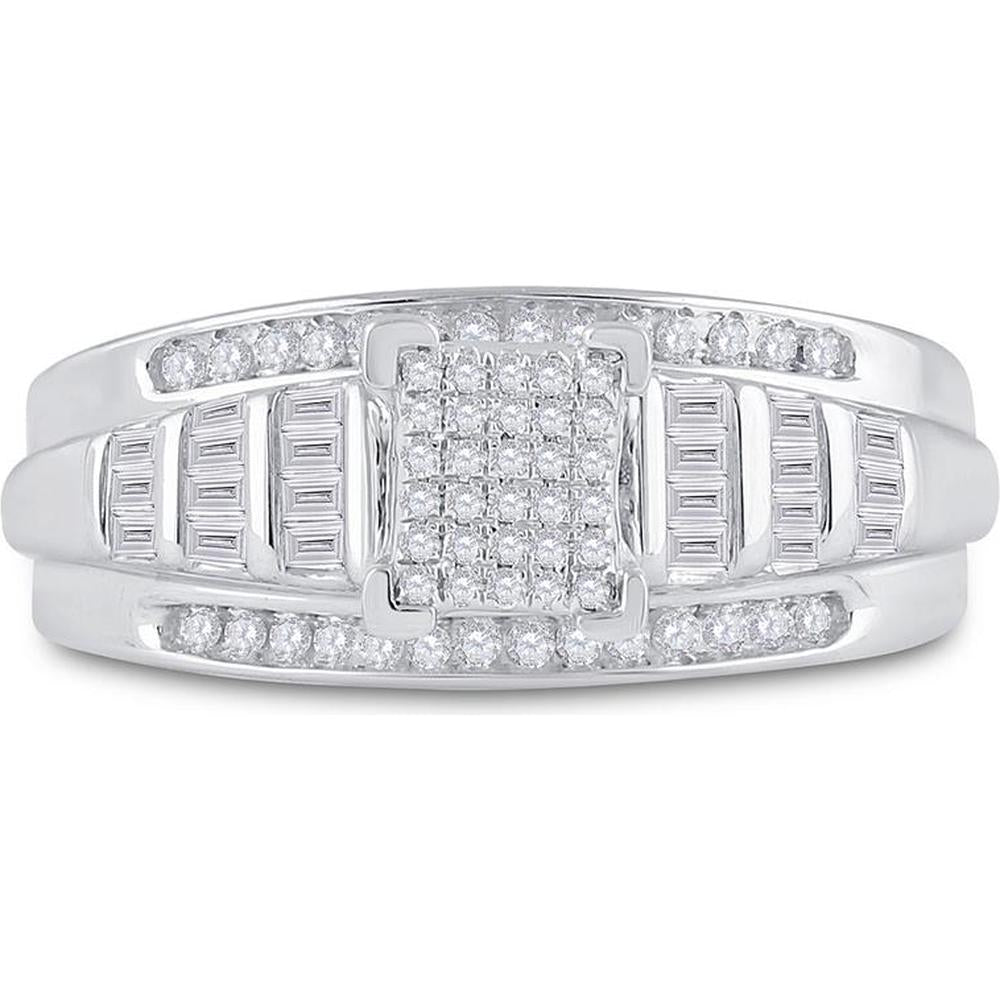 Sterling Silver Round Diamond Cluster Engagement Ring with Baguette Accents - 3/8 Carat Total Diamond Weight