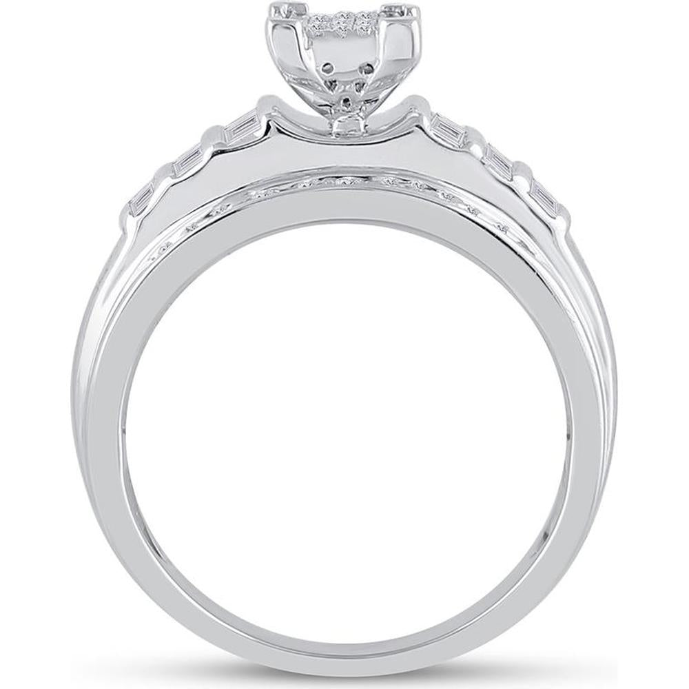 Sterling Silver Round Diamond Cluster Engagement Ring with Baguette Accents - 3/8 Carat Total Diamond Weight