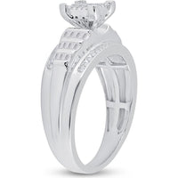 Sterling Silver Round Diamond Cluster Engagement Ring with Baguette Accents - 3/8 Carat Total Diamond Weight