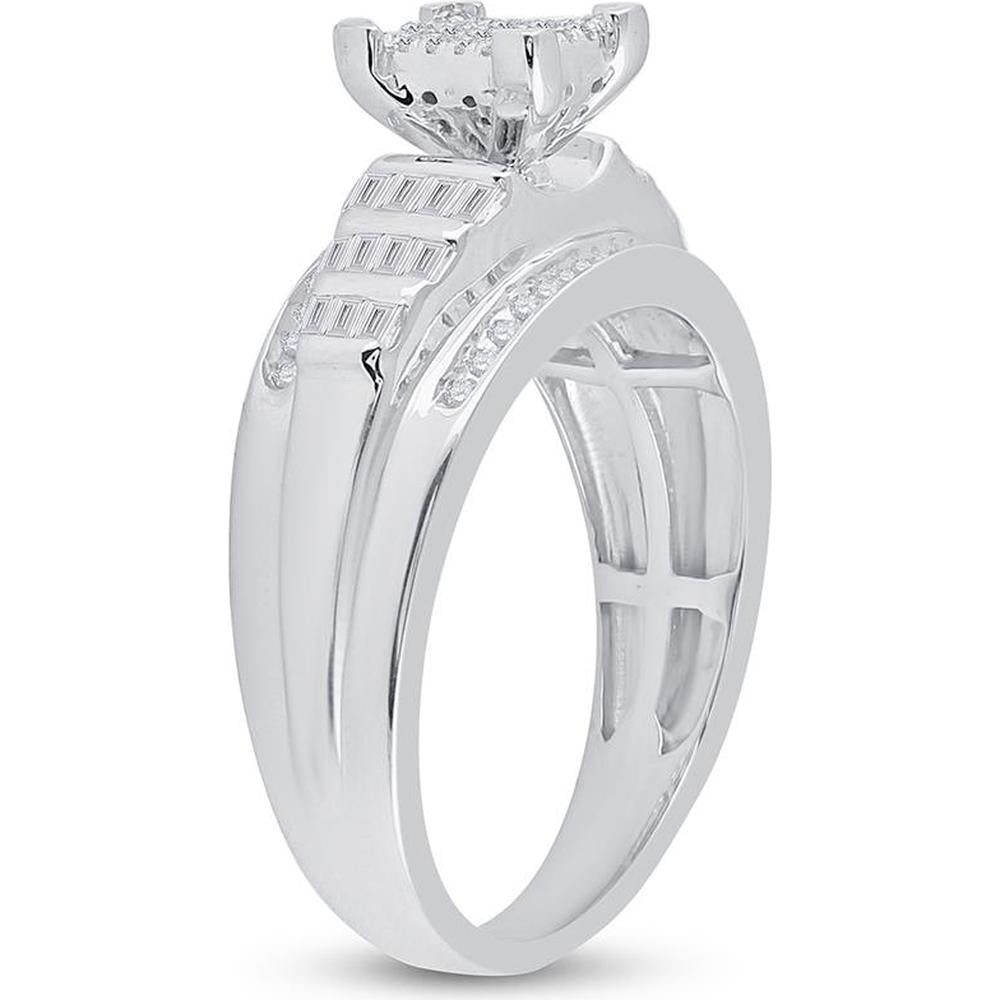 Sterling Silver Round Diamond Cluster Engagement Ring with Baguette Accents - 3/8 Carat Total Diamond Weight