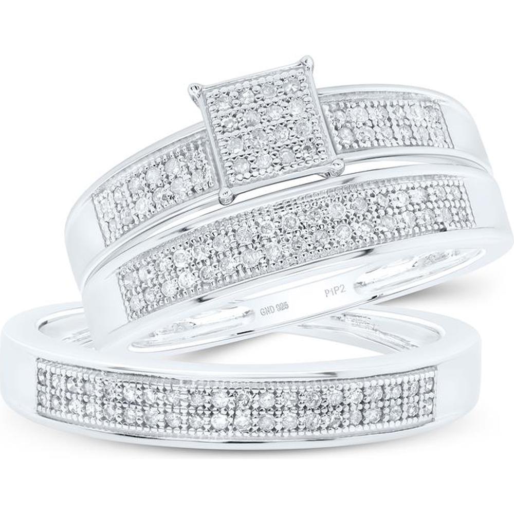 Sterling Silver Round Diamond Cluster Wedding Ring Set - 1/3 Carat Total Diamond Weight