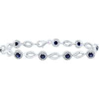 Sterling Silver Round Lab Grown Blue Sapphire Tennis Bracelet with Prong-Set Diamonds - 3 Carat Total Gemstone Weight