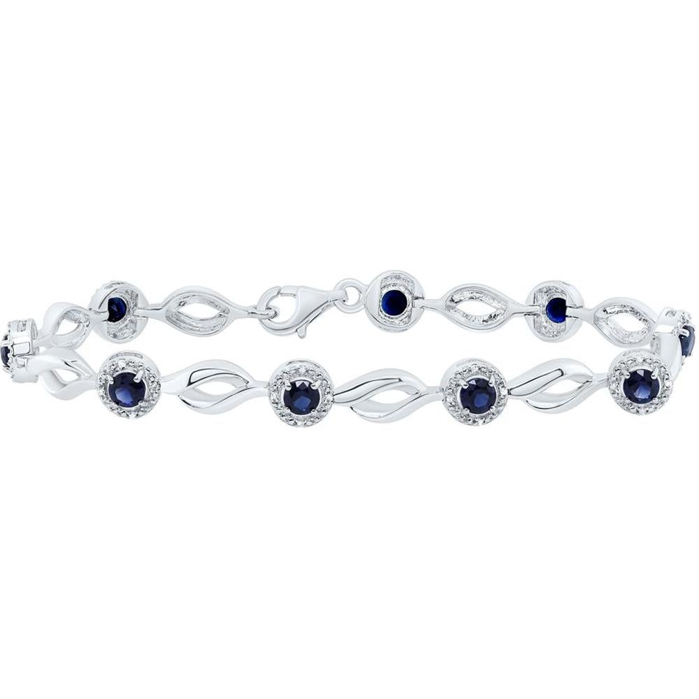 Sterling Silver Round Lab Grown Blue Sapphire Tennis Bracelet with Prong-Set Diamonds - 3 Carat Total Gemstone Weight