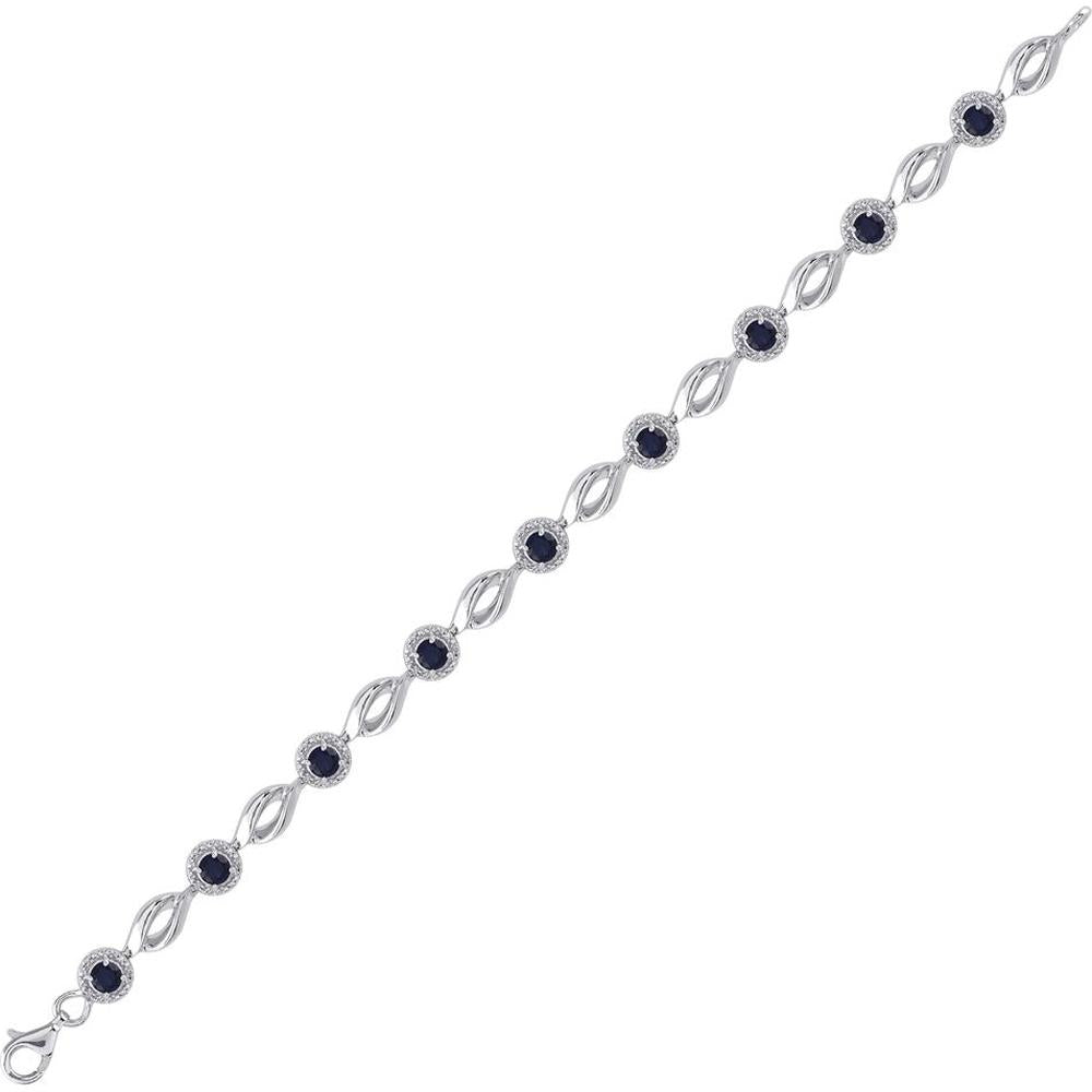 Sterling Silver Round Lab Grown Blue Sapphire Tennis Bracelet with Prong-Set Diamonds - 3 Carat Total Gemstone Weight