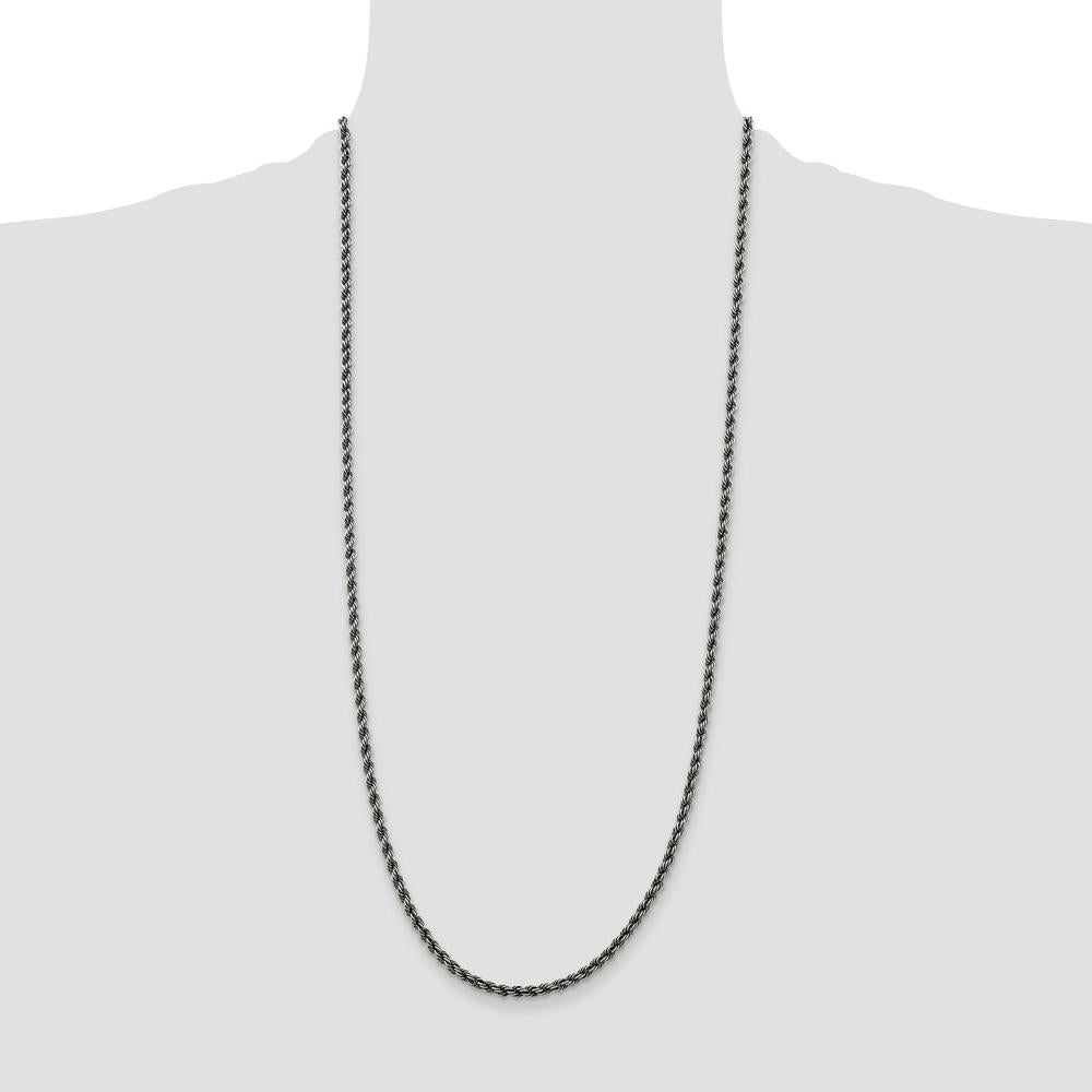 Sterling Silver Ruthenium-Plated 30" Rope Chain Necklace - 3.4mm Width by Lumare Gioia